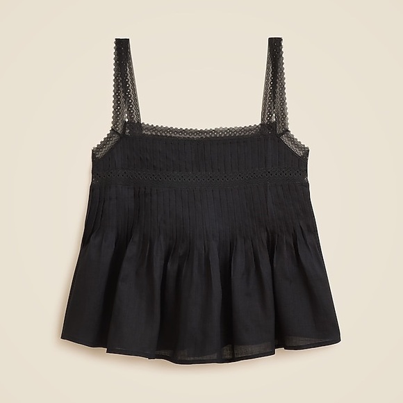 J.crew black top shirt blouse Lace-trim tank top in ramie pleated fall - Picture 1 of 7